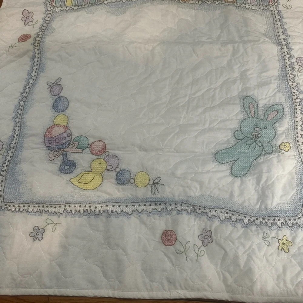 Embroidered Baby Crib Comforter Quilt‎ White Bunny Bear